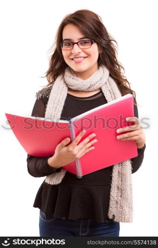 A beautiful student posing isolated over a white background