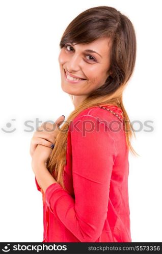 A beautiful teenager in love, isolated over a white background
