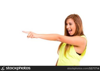 A beautiful teenager pointing to something, isolated over a white background