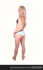 A beautiful teenager with long blond hair and a blue bikini, standing from theback and looking over her shoulder for white background.