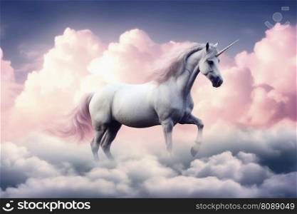 A beautiful unicorn surrounded by soft clouds created with generative AI technology