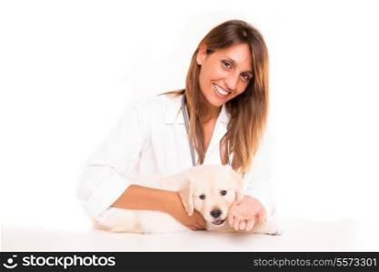 A beautiful veterinarian with a golden retriever puppy