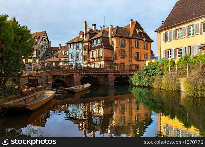 A beautiful view of buildings in the historic town of Colmar, in Alsace, France