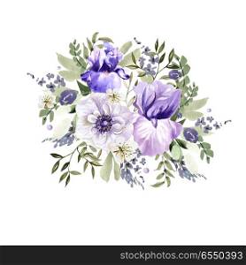 A beautiful watercolor bouquet with anemone and iris flowers. . A beautiful watercolor bouquet with anemone and iris flowers. Illustration