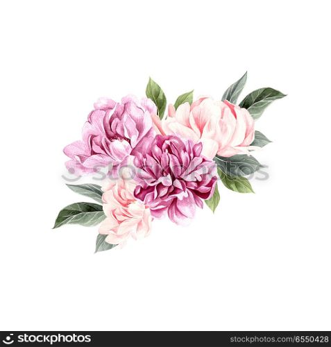 A beautiful watercolor bouquet with peony. Illustration. A beautiful watercolor bouquet with peony. . A beautiful watercolor bouquet with peony. Illustration