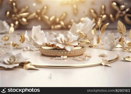 A beautiful wedding background with flowers and gold ornaments on a light background created with generative AI technology