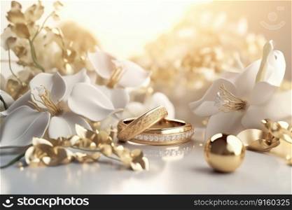 A beautiful wedding background with flowers and gold ornaments on a light background created with generative AI technology