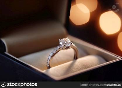 A beautiful wedding ring in the box with sparkling light created with generative AI technology