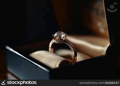A beautiful wedding ring in the box with sparkling light created with generative AI technology