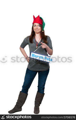 a beautiful woman elf holding a north pole sign