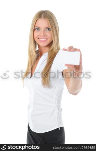 A beautiful woman holds out a business card. Focus on the card.. Isolated on white background