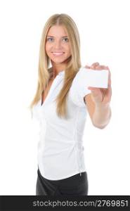A beautiful woman holds out a business card. Focus on the card.. Isolated on white background