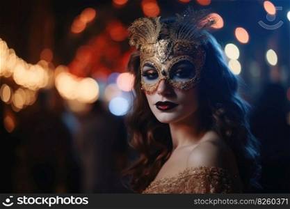 A beautiful woman in an elegant dress with a Venetian carnival mask created with generative AI technology