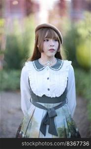 A beautiful woman in lolita dress in garden background Japanese street fashion portrait
