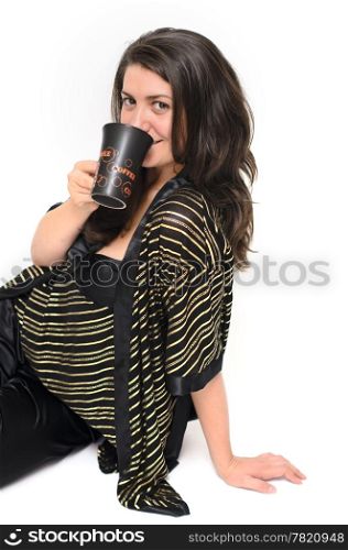 a beautiful woman in the morning with a cup of coffee