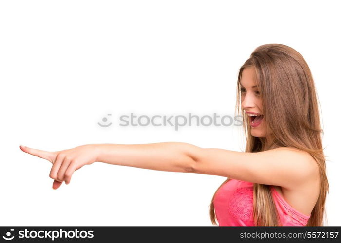 A beautiful woman pointing to something, isolated over a white background