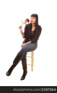 A beautiful woman sitting and a rose in her hand, in jeans anda brown sweater and boots and long black hair, on white background.