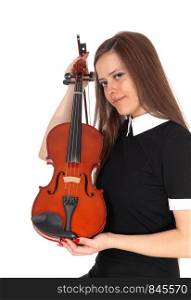 A beautiful woman standing in a black dress holding her violin in a close up image, isolated for white background