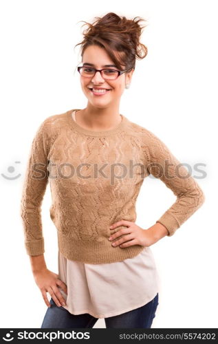 A beautiful woman wearing glasses, posing isolated over white
