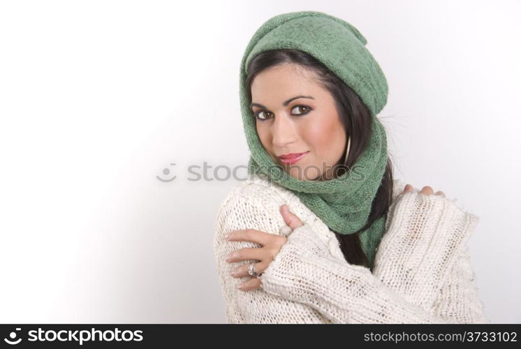 A beautiful woman wrapped in knitted material