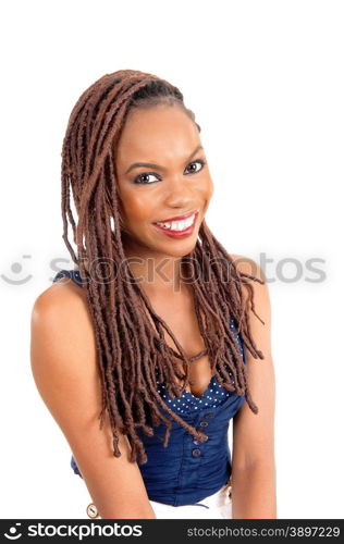 A beautiful young African American woman with long braided brown hairand a big smile, isolated for white background.