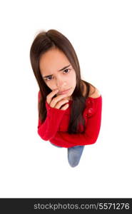 A beautiful young asian woman making a silly expression, isolated over white