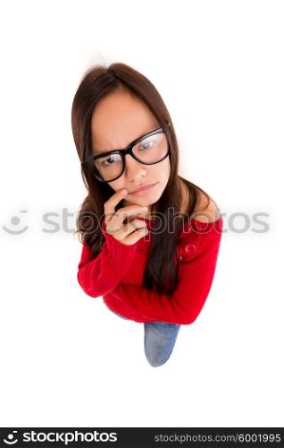 A beautiful young asian woman making a silly expression, isolated over white