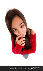 A beautiful young asian woman making a silly expression, isolated over white