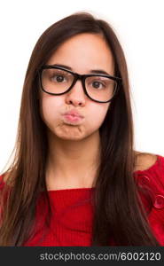 A beautiful young asian woman making a silly expression, isolated over white