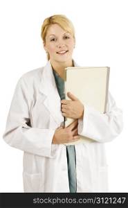 A beautiful young blond female doctor, dentist, nurse carrying medical files.