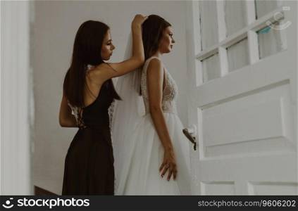 A beautiful young bridesmaid helps the bride put on a white veil while standing in the room behind the door, side view, close-up.. A bridesmaid helps the bride put on her veil.