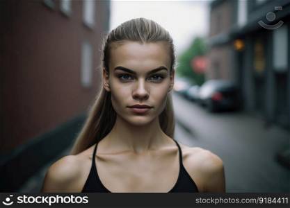 A beautiful young businesswoman portrait, outdoor and woman looking at camera. distinct generative AI image.. A beautiful young businesswoman portrait, outdoor and woman looking at camera