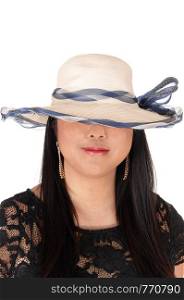 A beautiful young Chinese woman in a black dress and summer hat over her eye?s looking mysterious, isolated for white background