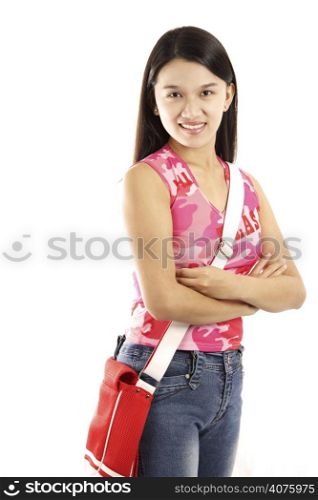 A beautiful young college student carrying a bag
