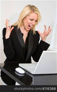 A beautiful young female executive expressing frustration at her laptop computer