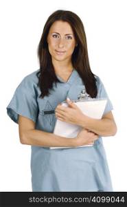 A beautiful young female nurse or dental hygienist carrying medical files.