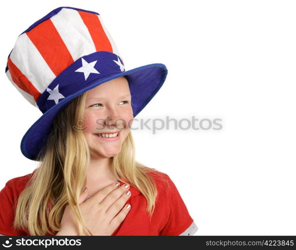 A beautiful young girl dressed patriotically and saying the Pledge of Allegiance. White background with room for text.