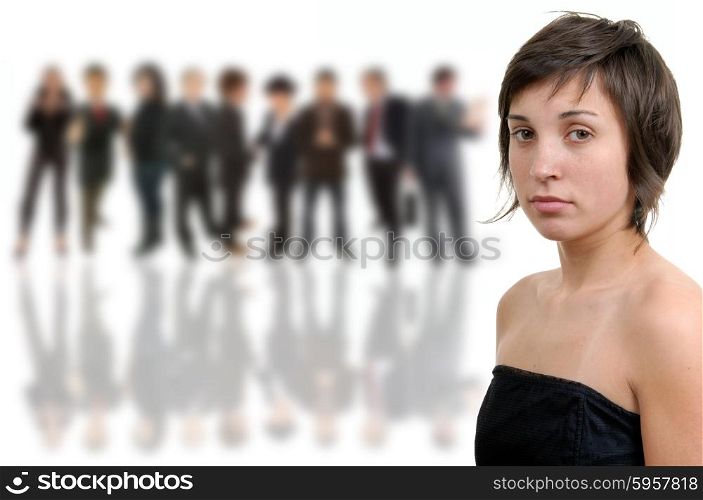 A beautiful young girl in front of a group of people, isolated