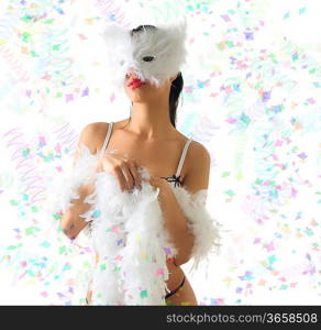 a beautiful young girl in white carnival mask and colored ribbons around