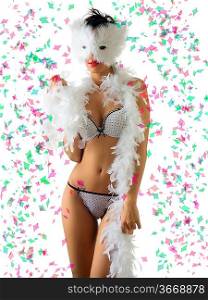 a beautiful young girl in white carnival mask and white lingerie