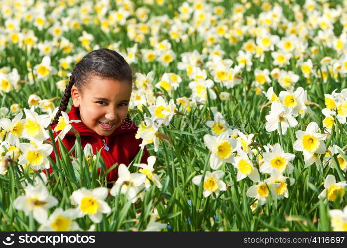 A beautiful young mixed race girl playing in a field of daffodils