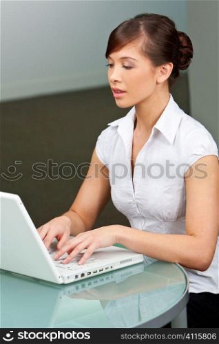 A beautiful young oriental woman using a laptop in a modern office