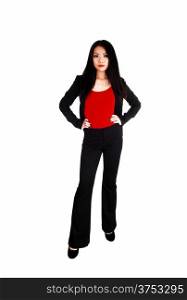 A beautiful young slim Asian business woman in a black jacked anddress pants with long black hair standing for white background.