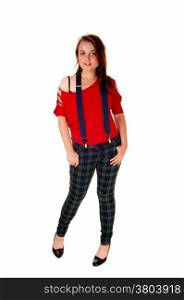 A beautiful young teenager girl in green blue pants and a red sweater andblue suspender standing isolate for white background.