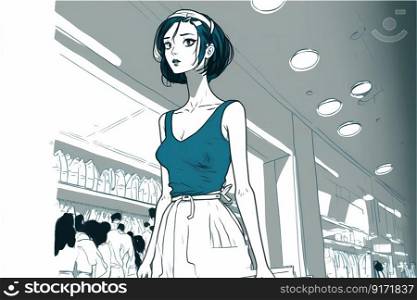 A beautiful young woman at shopπng. Illustration. High quality illustration. A beautiful young woman at shopπng. Illustration