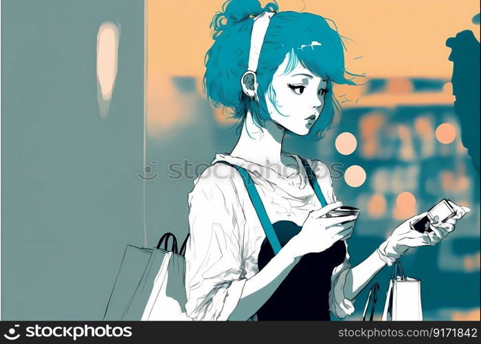 A beautiful young woman at shopping. Illustration. High quality illustration. A beautiful young woman at shopping. Illustration