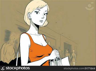 A beautiful young woman at shopping. Illustration. High quality illustration. A beautiful young woman at shopping. Illustration
