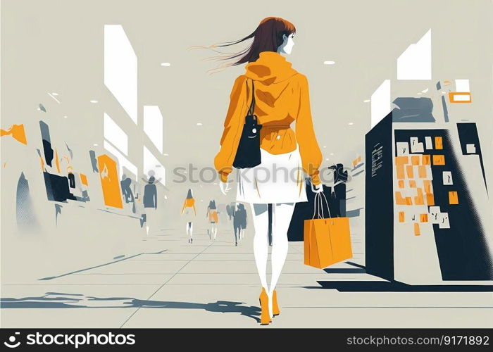 A beautiful young woman at shopping. Illustration. High quality illustration. A beautiful young woman at shopping. Illustration