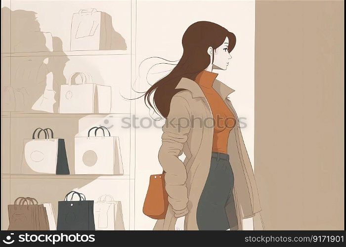 A beautiful young woman at shopping. Illustration. High quality illustration. A beautiful young woman at shopping. Illustration