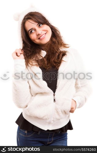 A beautiful young woman dressed with winter clothes